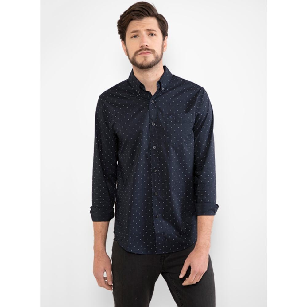 Zara Man Men's Button Down Dress Shirt Navy Blue Square Print Long Sleeve Sz XL